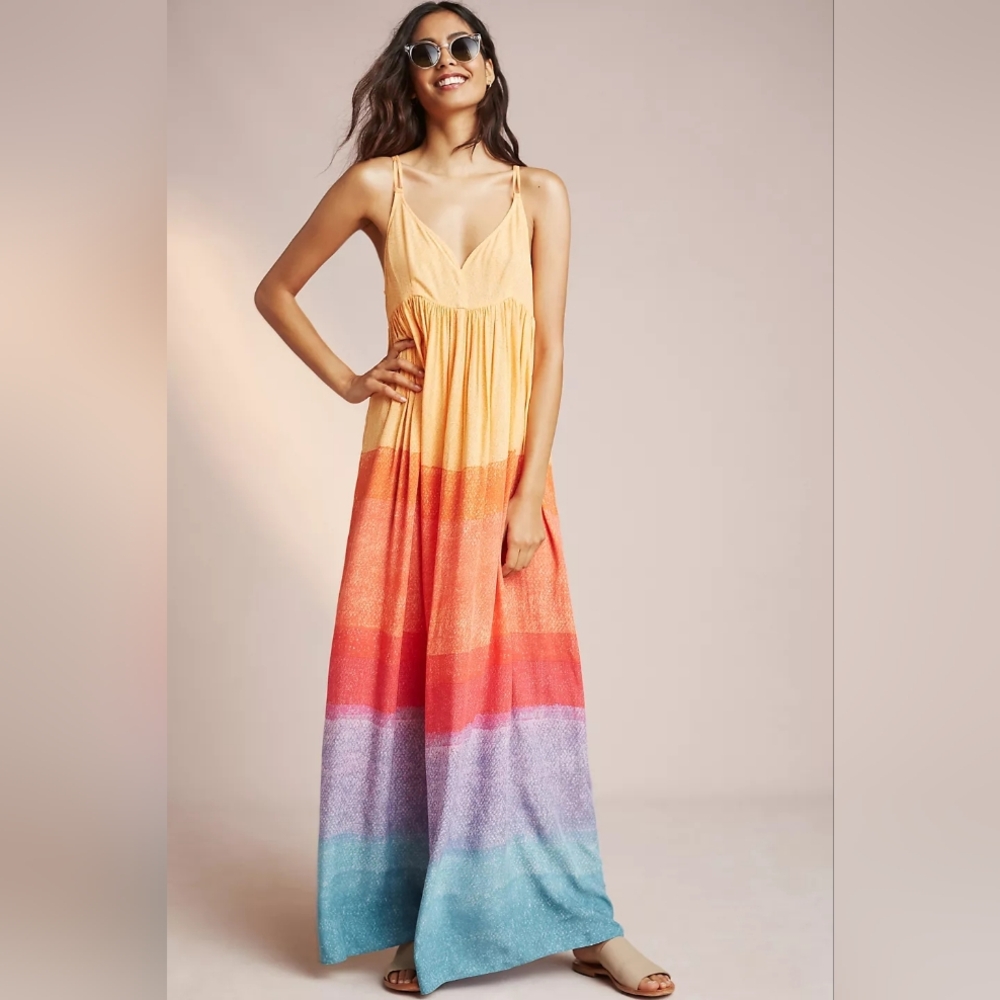 Anthropologie Yellow Orange Red Purple Blue Ombre Maxi Dress